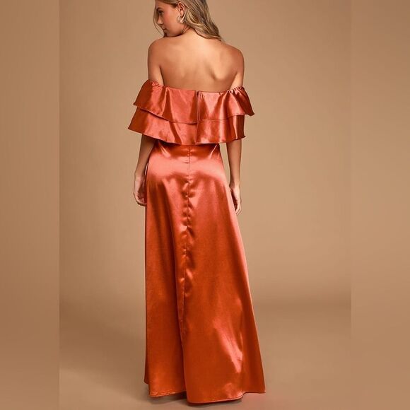 Lulus Pure Happiness Rust Orange Satin Off-the-Shoulder Maxi Dress Size XS - Picture 2 of 7